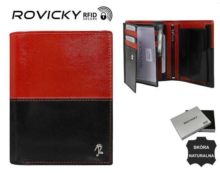 Skórzany portfel męski ROVICKY pionowy ze skóry D104L-VT2 BLACK-RED