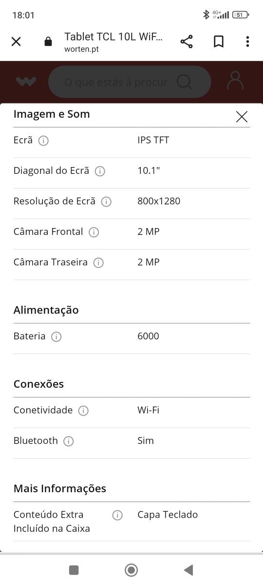 Tablet TCL + Capa Teclado Preta