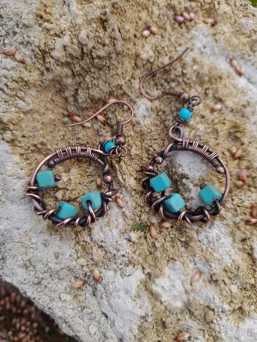 Kolczyki wire wrapping miedź, turkus