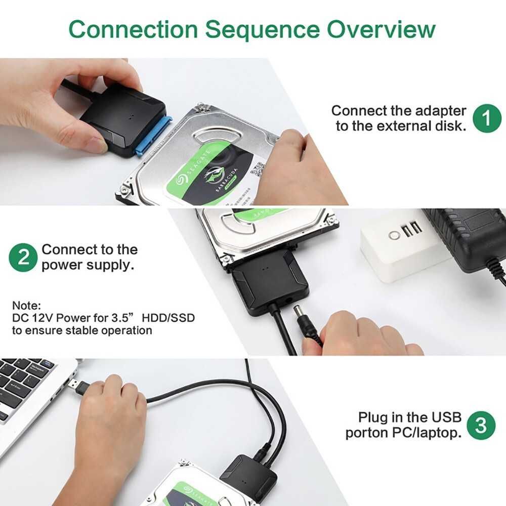 Nowy Adapter SSD / HDD 2,5'' 3,5'' SATA - USB 3.0 + zasilacz 12V, 2A.