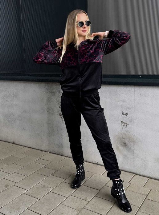 Dresy damskie welurowe w panterkę spodnie + bluza bordowe r.S wys.24h