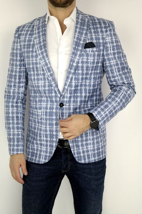 GIOVANNI PERA Marynarka męska krata dżins aksamit niebieska 54 L/XL