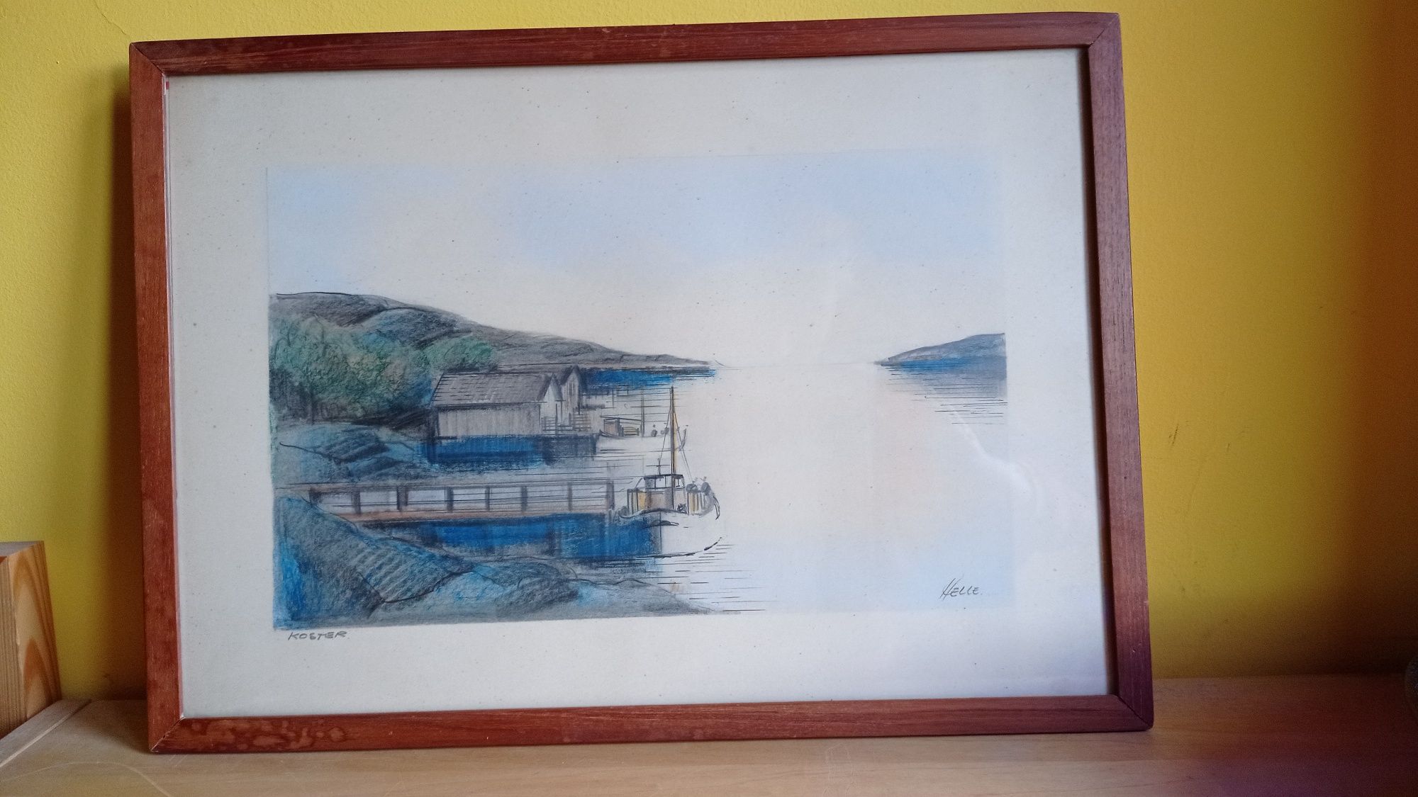 Obraz Grafika Gwasz Kredka Orginał port łódka morze sygnowany Norway