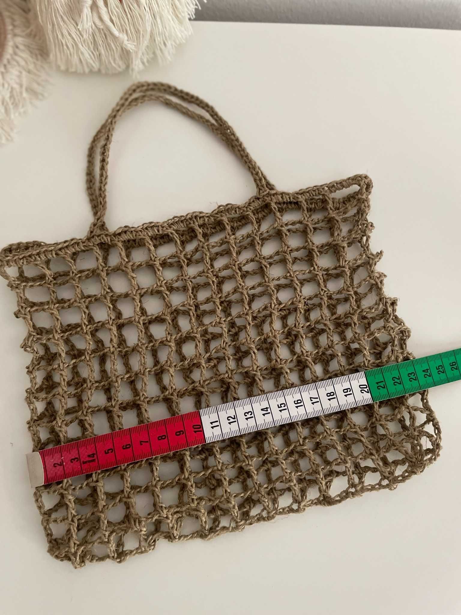 Torba brązowa siatka z lnianego sznurka boho szydełko mini shopper