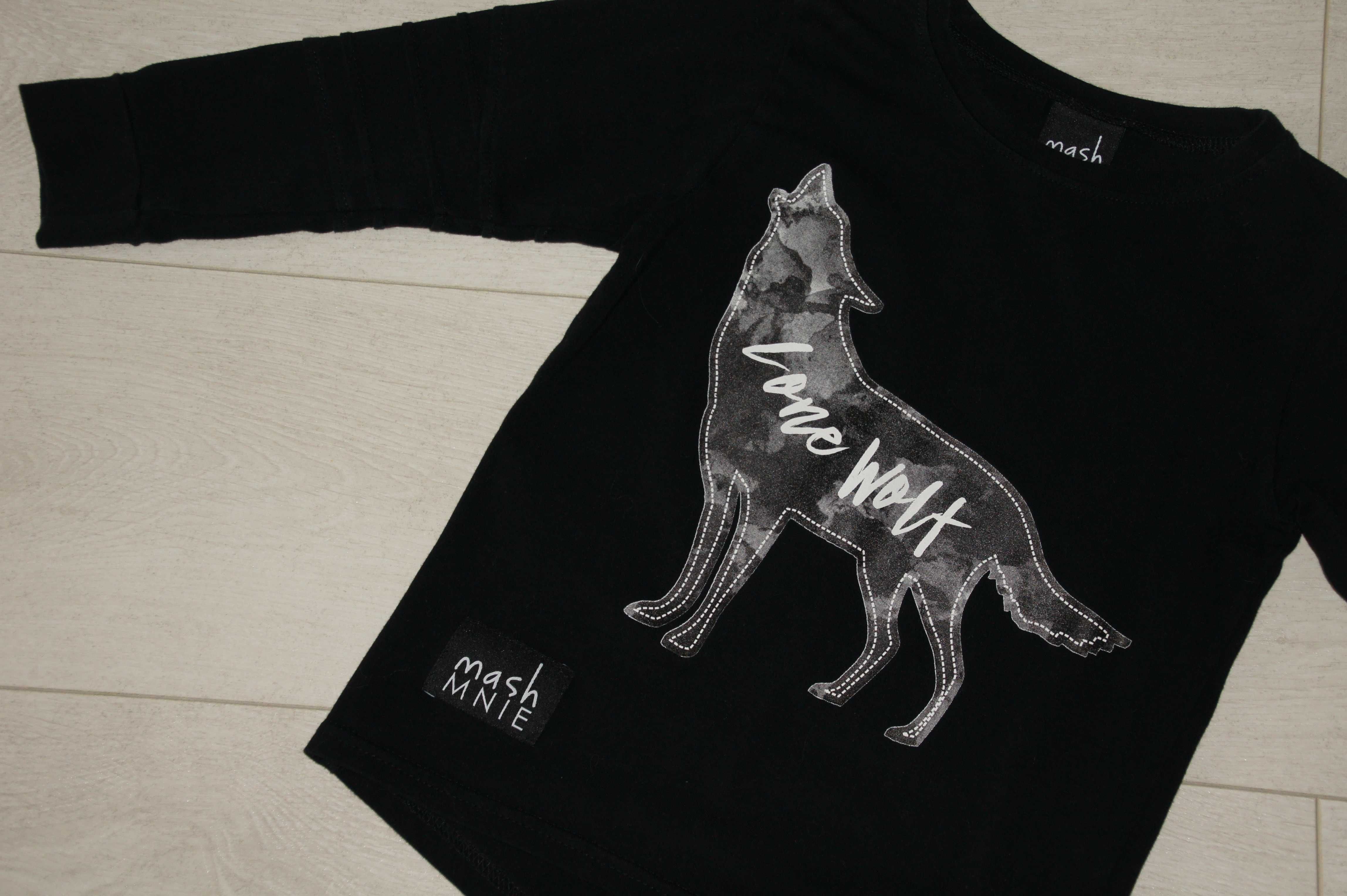 mash MNIE  czarna, bawełniana bluzeczka z wilkiem 104/110+