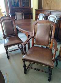 Stół z krzesłami rozkładany 6 krzeseł skórzana tapicerka dębowy