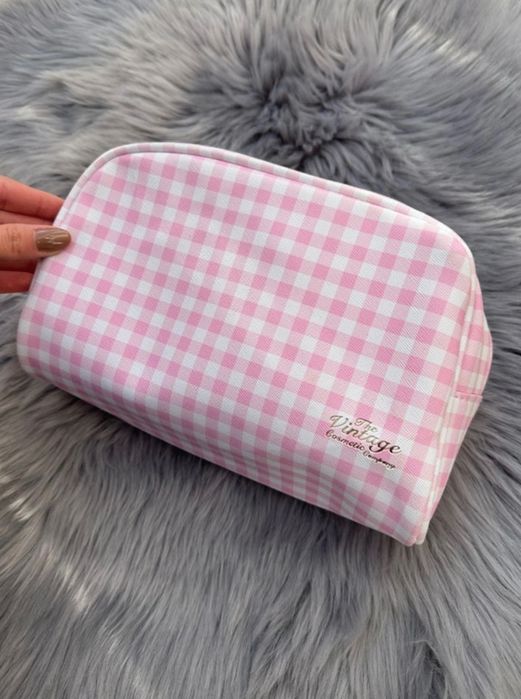 kosmetyczka różowa w kratę the vintage cosmetic użyta raz pojemna