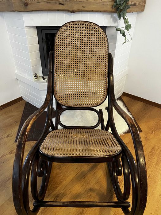 Fotel Bujany z drewna i rattanu PRL