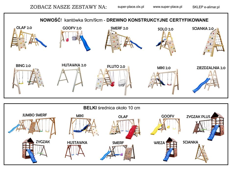 Plac Zabaw do Ogrodu OLAF2.0 2HuśrtawkiŚLIZGŚciankaDrewnoCertyfikowane