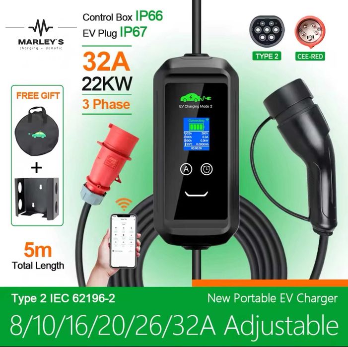 Carregador Portátil 22 kw - 32A - C/ APP - Veiculos Eletricos