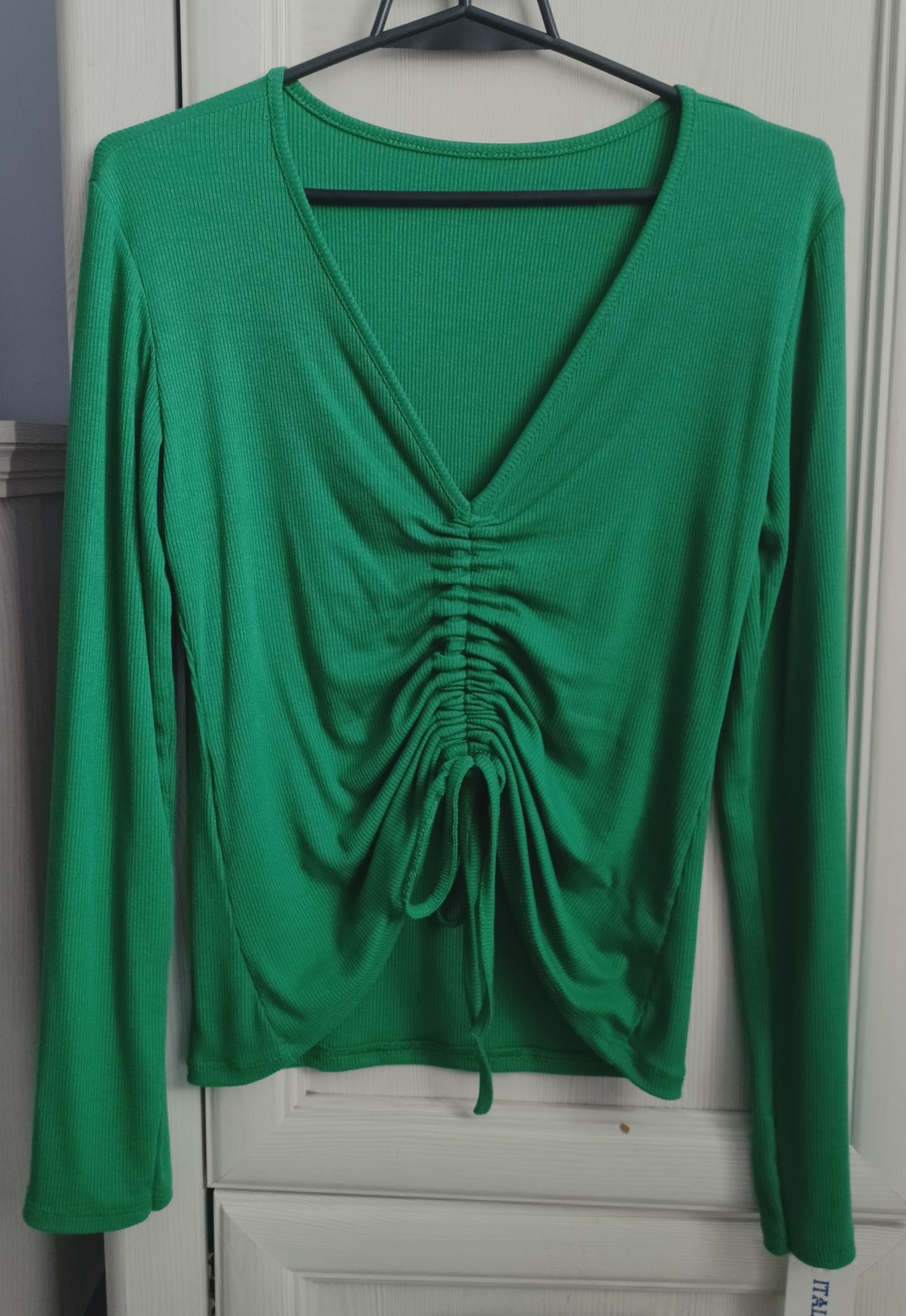 XS S M uni szmaragdowa zielona bluzka prążek ściągacz regulowana crop
