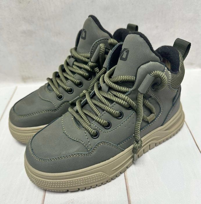 Зимові дитячі черевики MD на овчині сірий/хакі 32-37