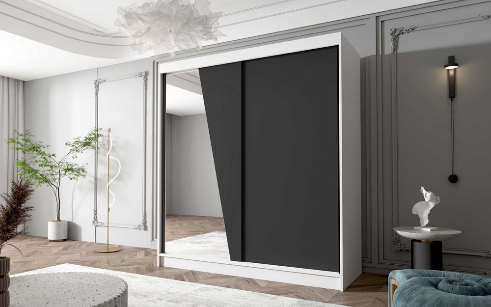Szafa przesuwna BELLA V 180 cm z lustrem BIAŁY CZARNY garderoba