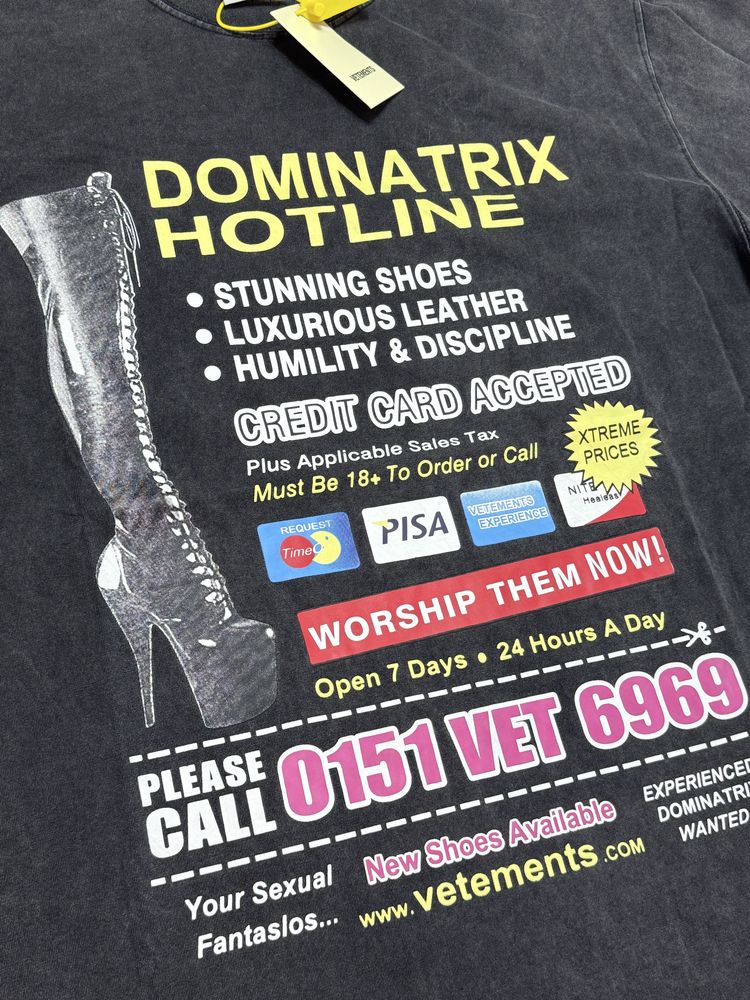 Футболка Vetements Dominatrix Hotline S M L Washed black Oversized