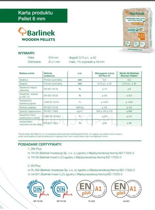 Pelet / Pellet - Barlinek -ENplus A1 6mm - Transport na adres