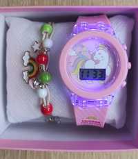 Набор часы с единорогами, с подсветкой и браслет с радугой для девочек