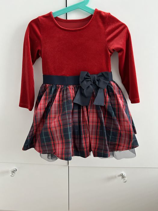 Sukienka na święta czerwona bordowa welurowa z kokardką w kratkę