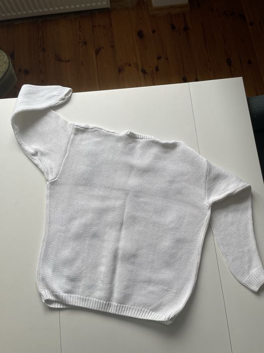Vintage oversize sweter dziergany biały z naszytym wzorem retro