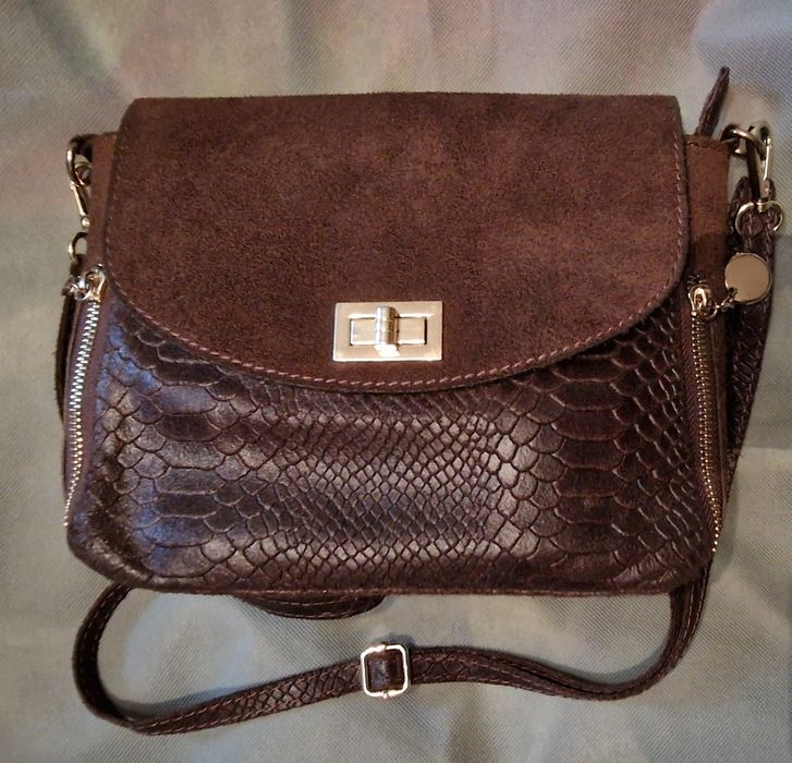 Włoska Torebka Skórzana listonoszka skóra węża brązowa