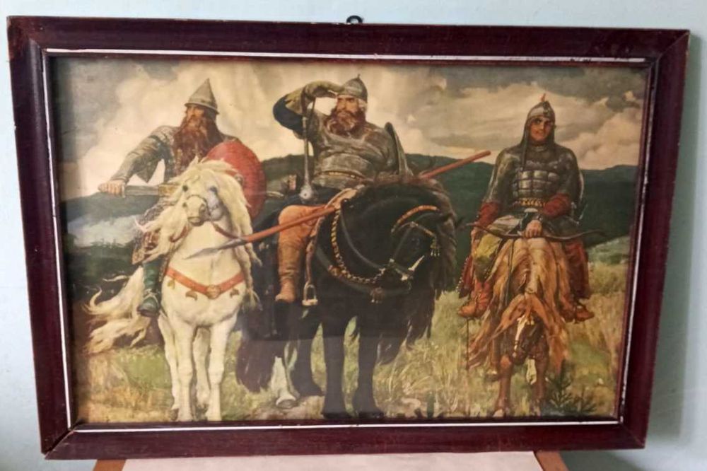 Винтаж Репродукция в раме времён СССР картины Васнецова Три богатыря