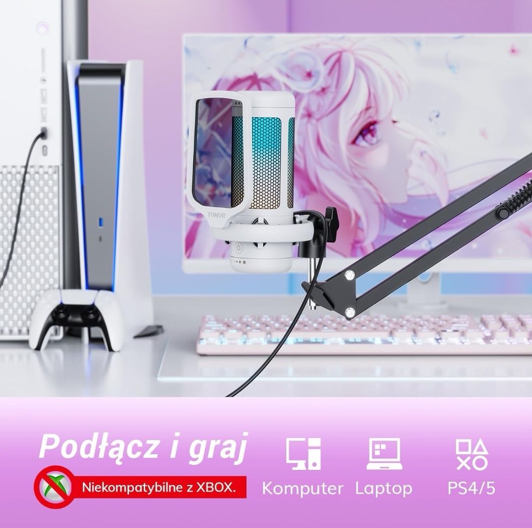 Mikrofon USB do gier TONOR TC310+ z regulowanymi trybami RGB i jasnośc