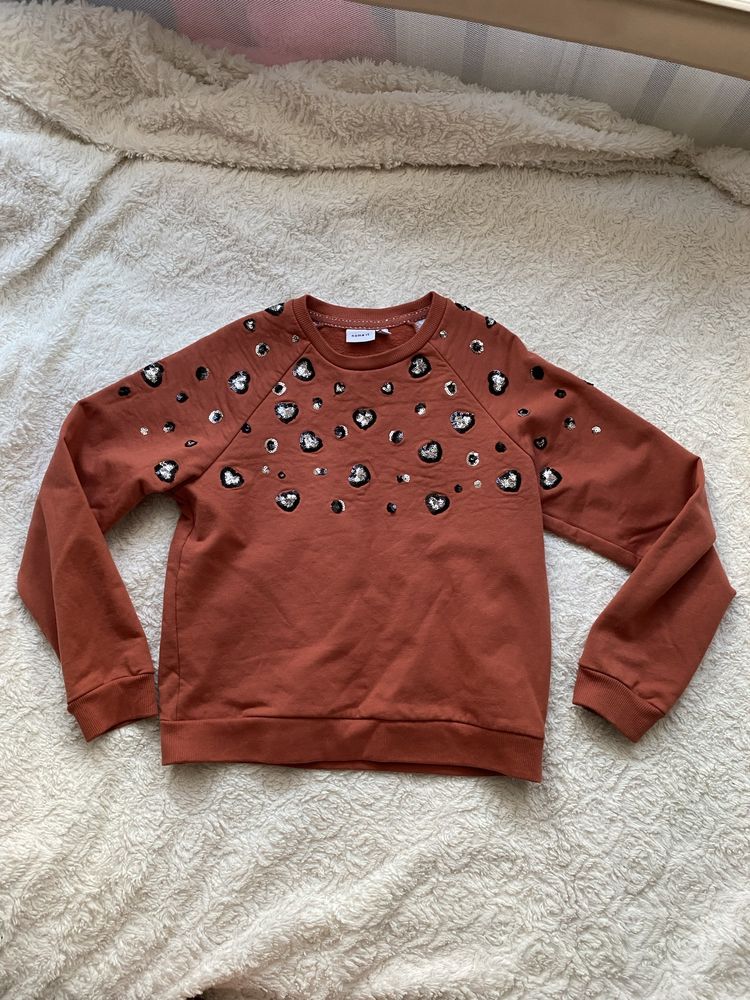 Bluza sweter brązowy rudy cekiny panterka 8/9/10 lat