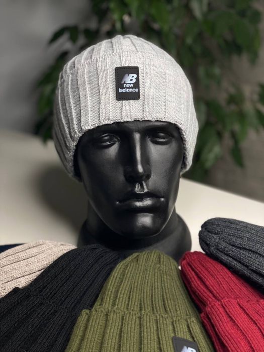 -40% Мужская шапка на флисе New Balance 52-62 черная/серая/хаки ЗИМНЯЯ