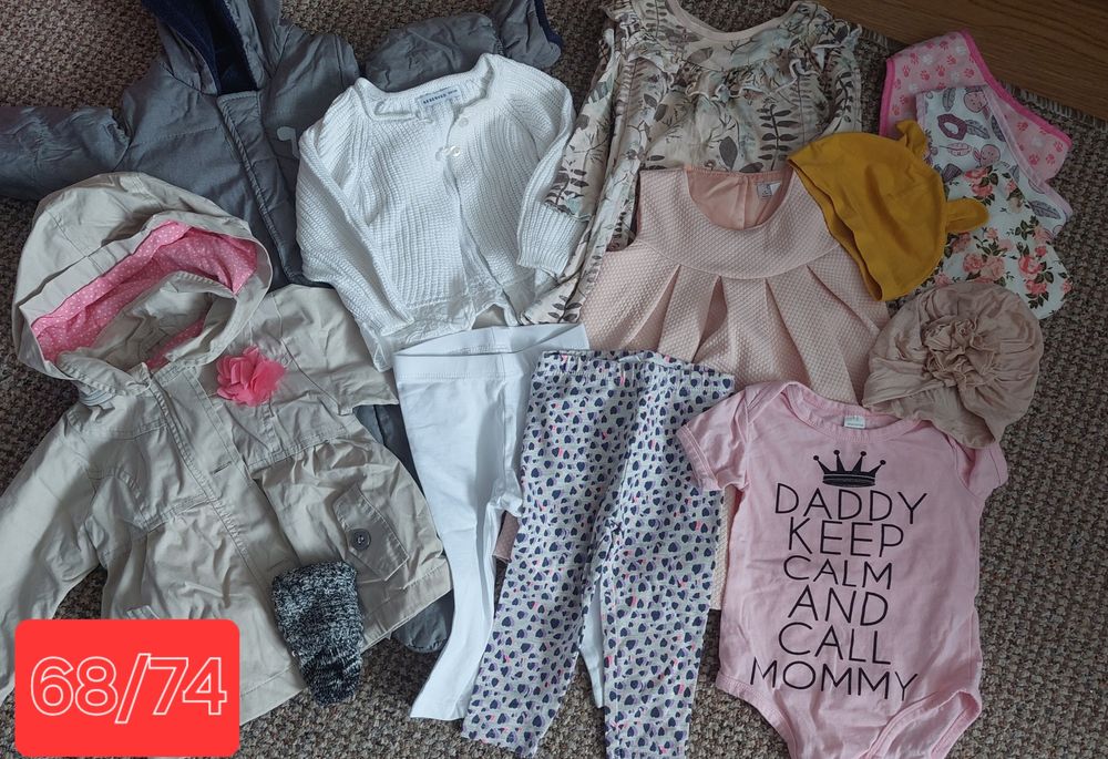 zestaw ubranek dla dziewczynki 68 74 kombinezon kurtka sukienki leggin