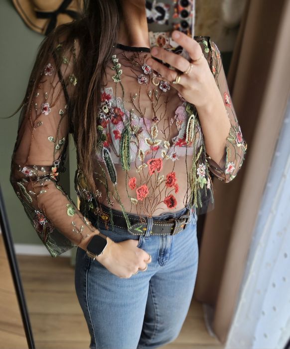 Efektowna Bluzka damska Czarna Tiul Z Haften Floralnym Boho L/XL