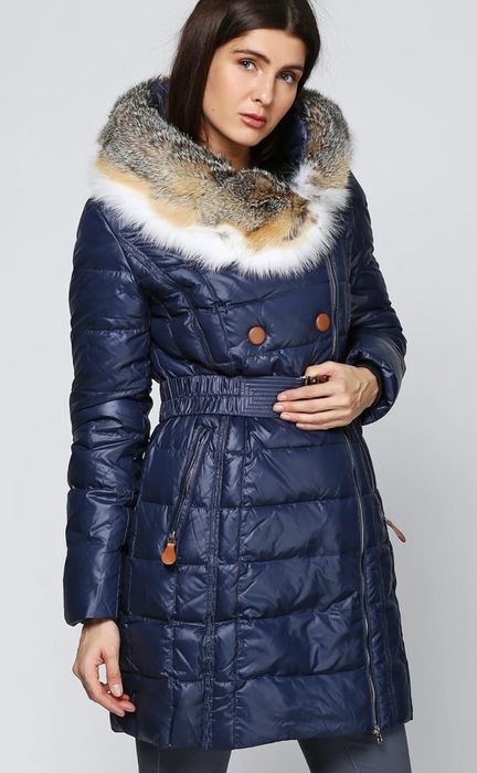 Пуховик пальто пух перо с мехом лисы L-XL