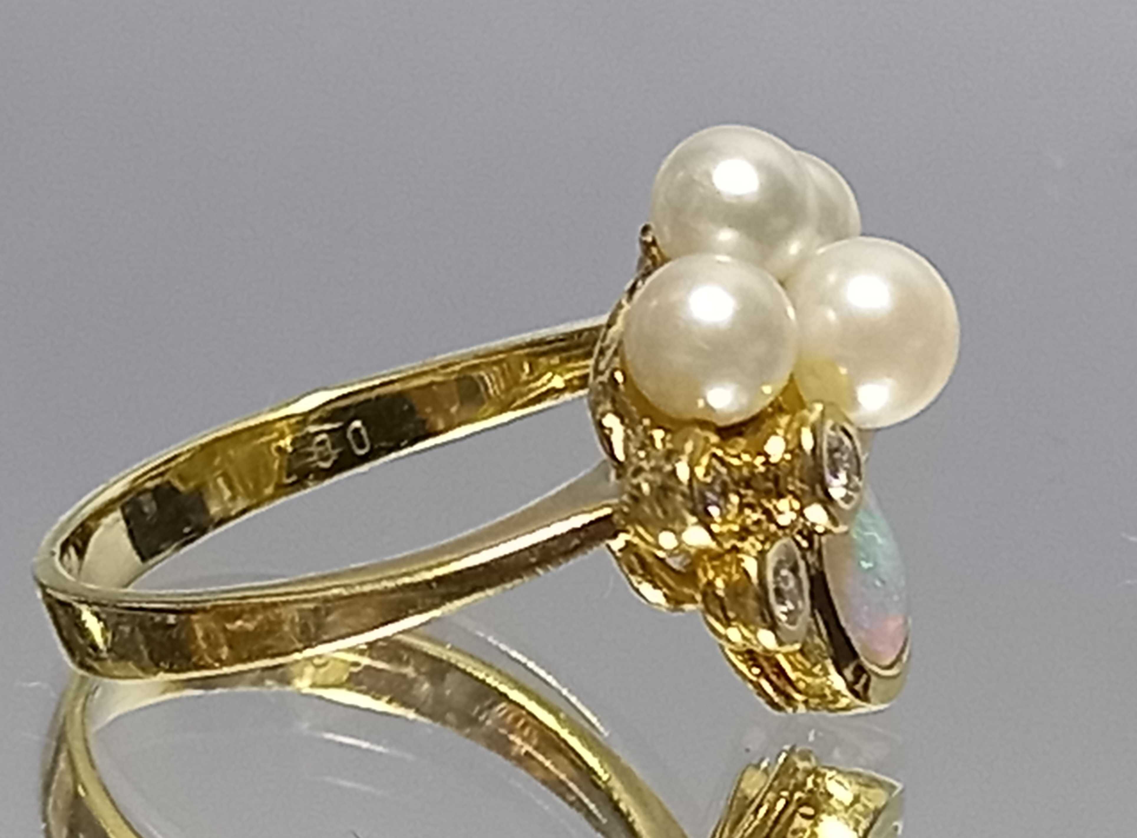 Pierścionek, złoto 14K opale, diamenty, perły morskie