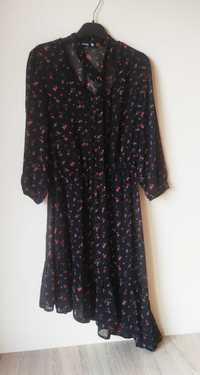 Czarna sukienka midi w  kwiaty, długi rękaw , Sinsay , rozmiar S