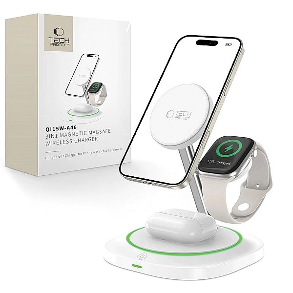 Tech-Protect Qi15W-A46/3In1 Magnetic Magsafe Wireless Charger White