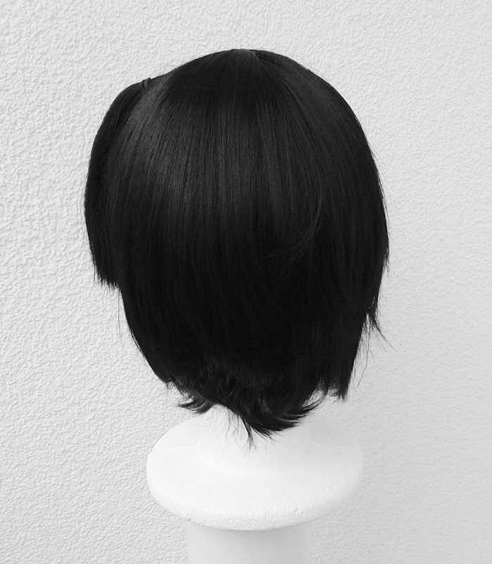 Krótka czarna peruka z grzywką krótki czarny wig cosplay bob z kitką