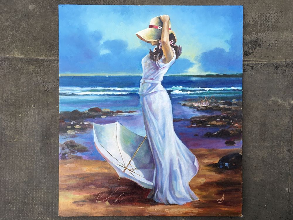 Картина "Жінка з парасолею", 38х33 см, полотно, олія