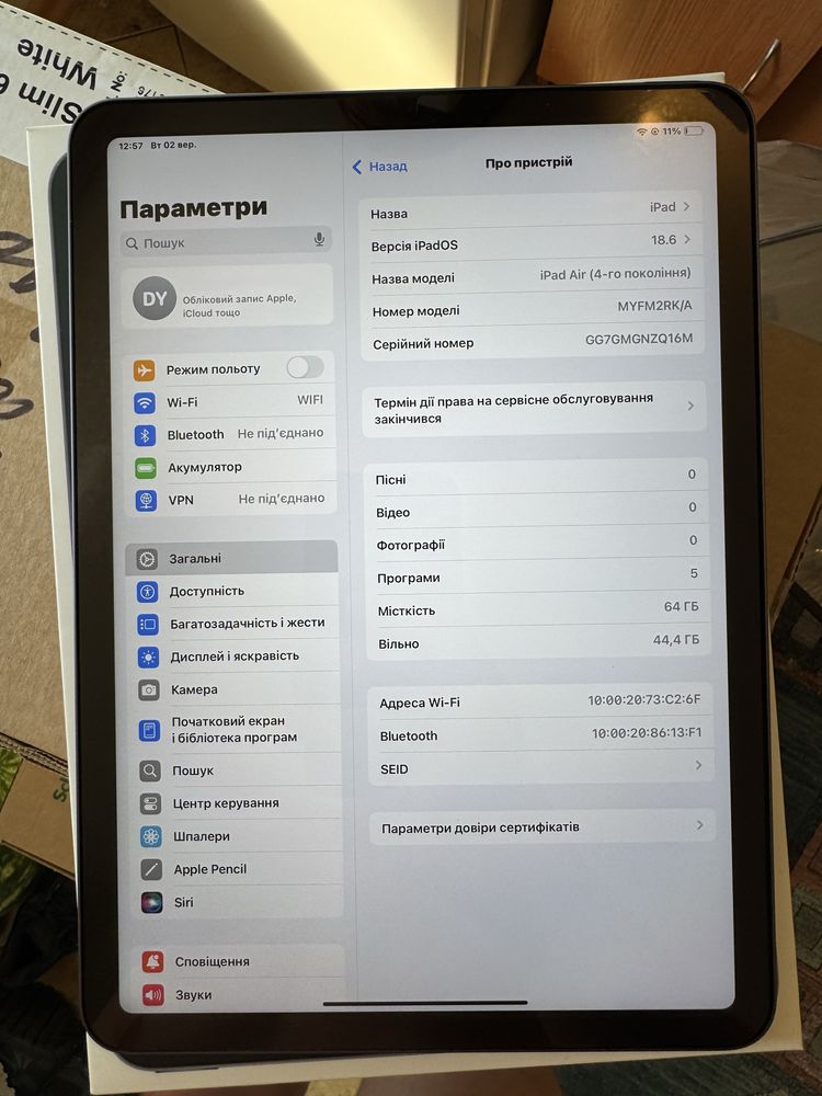 IPad Air 11’ 4th Generation 64 GB Space Grey