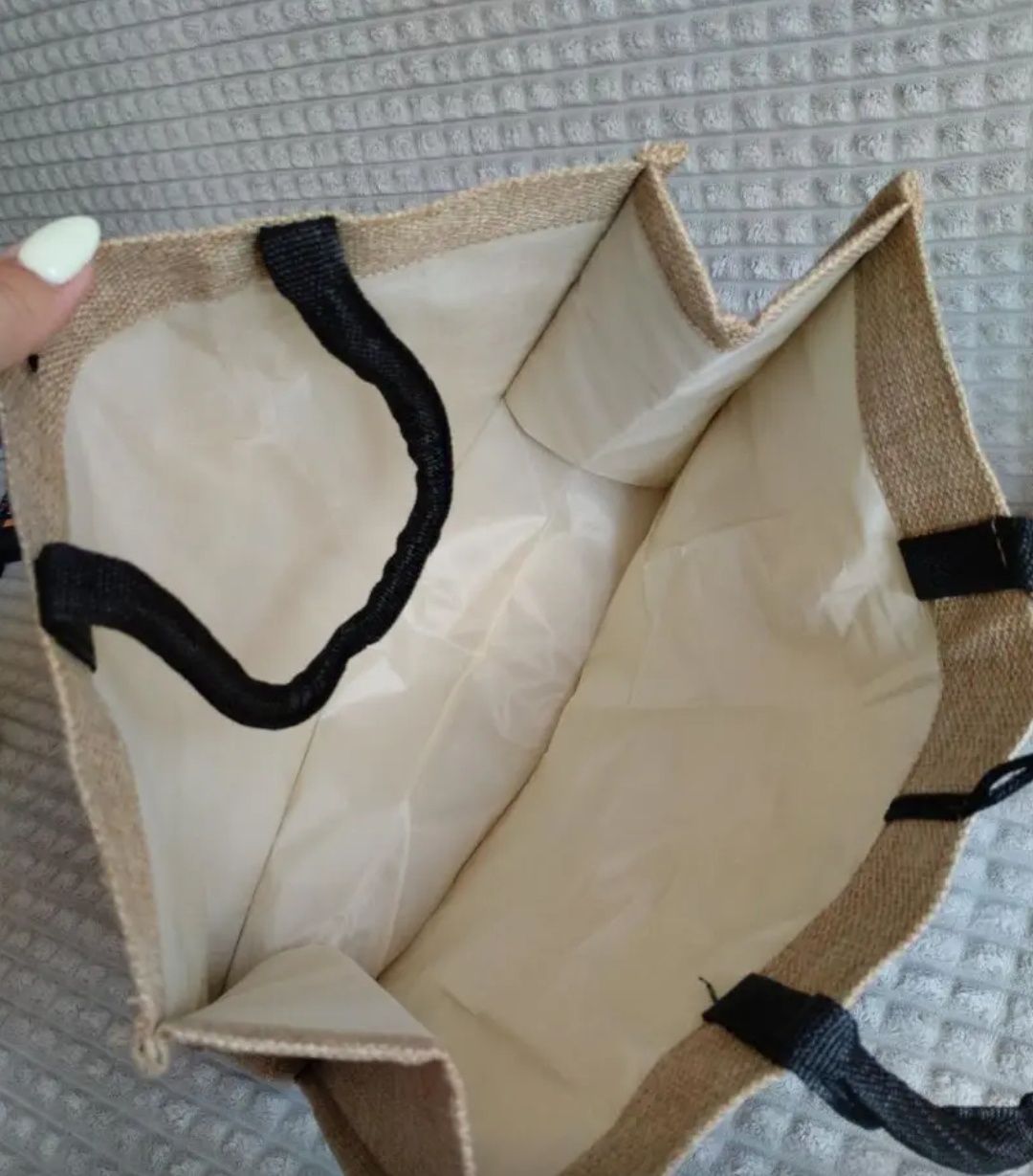 Nowa Ala jutowa torba torebka z napisem świetna beżowa czarne rączki
