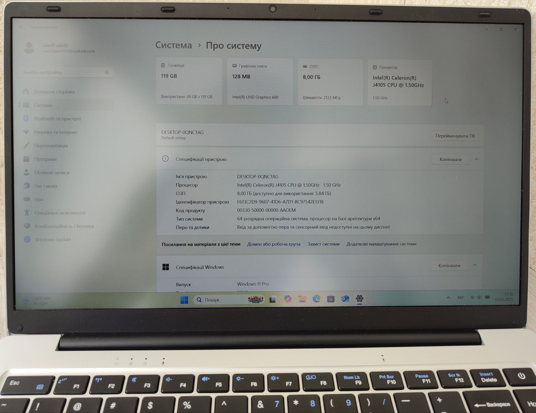 Ноутбук 14.1 IPS Intel J4105 Celeron QuadCore 6GB 128GB SSD Windows 11