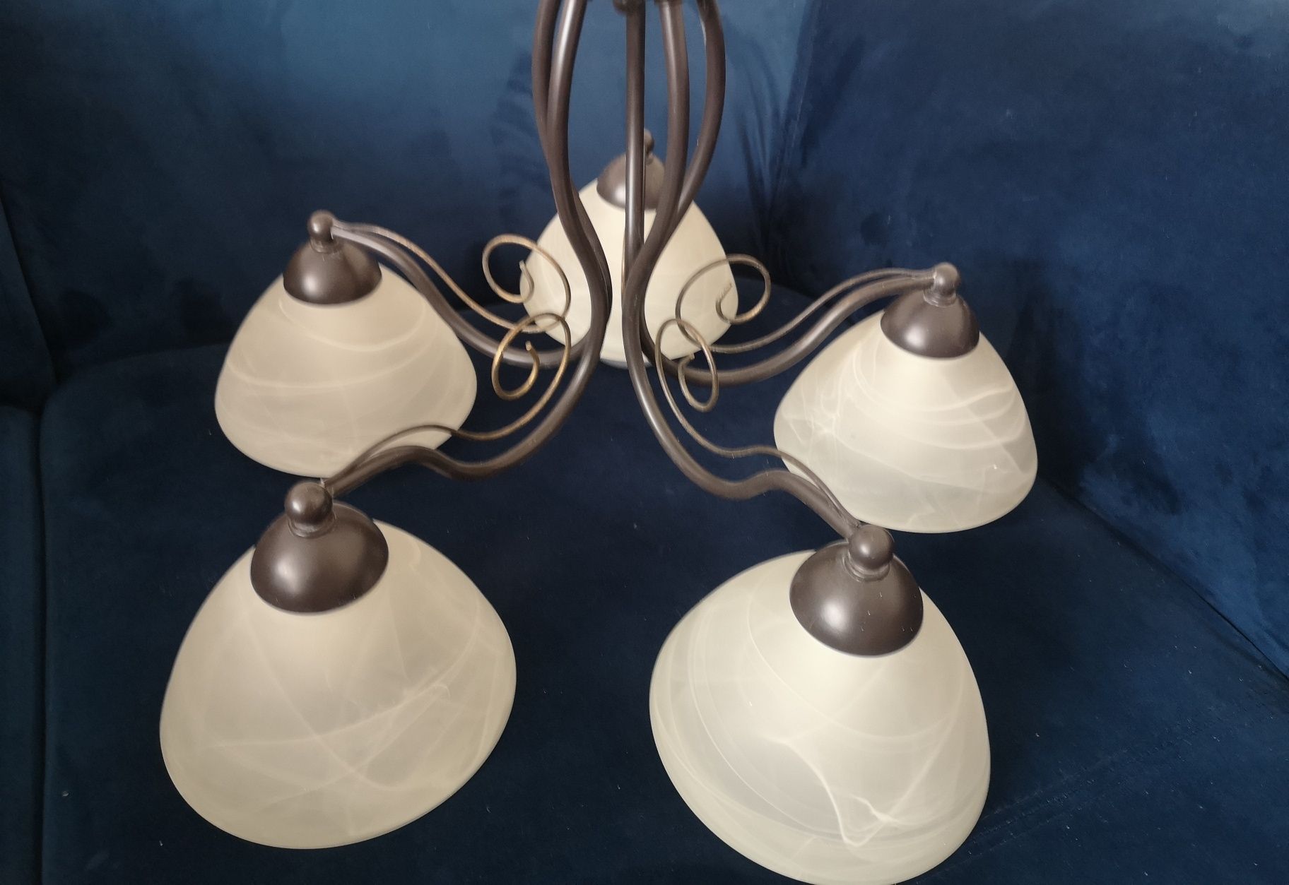 Lampa 5 pięciopunktowa retro brąz złoto szklane Klosze