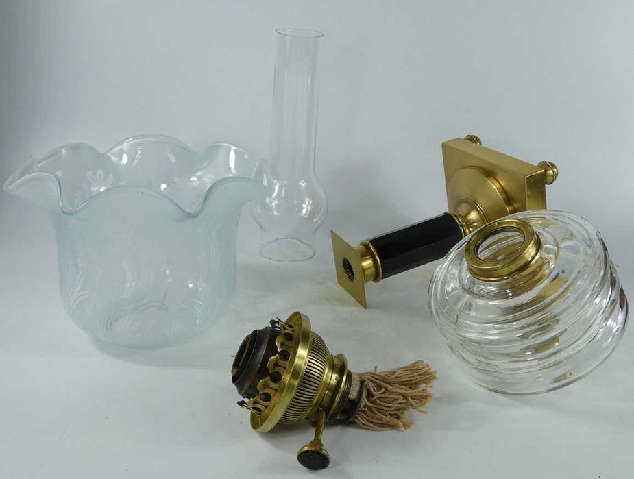 Stołowa lampa naftowa Art Deco mosiądz BRENNER MATADOR kominek KLOSZ