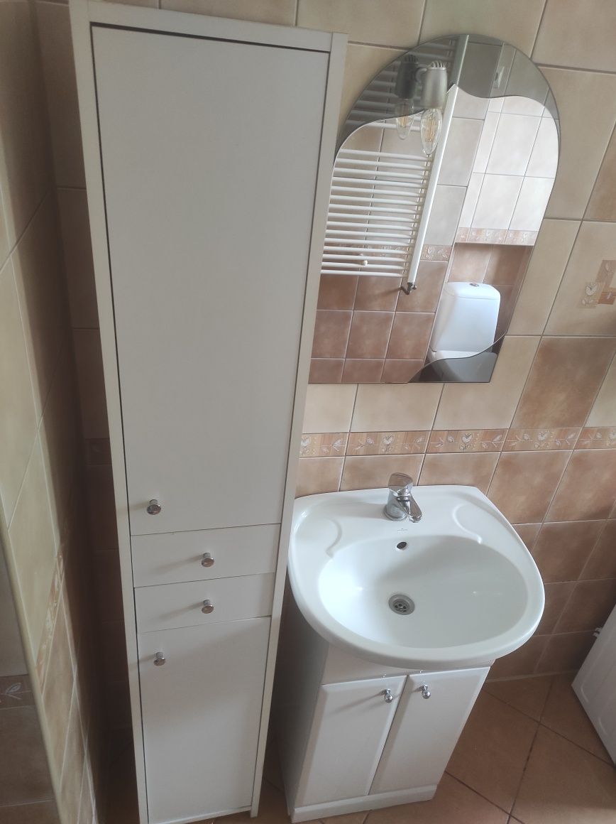 Szafka łazienkowa umywalka z baterią, kranem, słupek, Lustro z oświetl