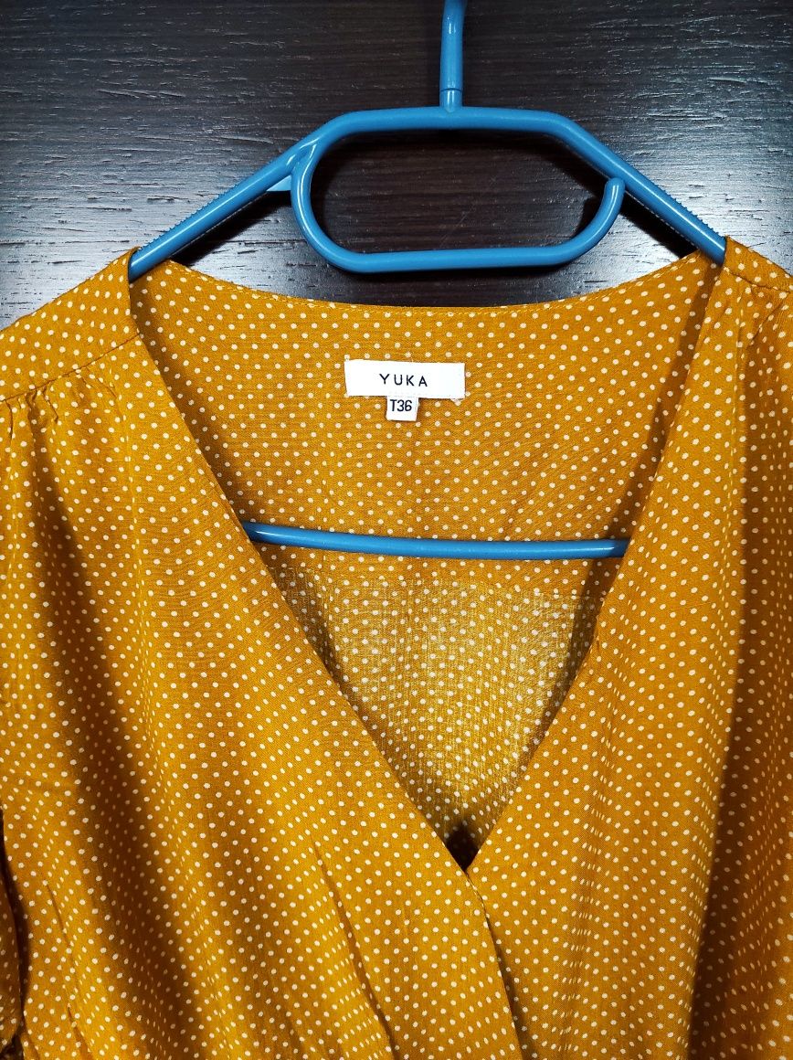Bluzka boho musztardowa dekolt v w kropki