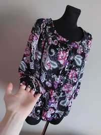 Bm collection bluzka długi rękaw l xl 2xl czarna kwiatowy plisy luzna