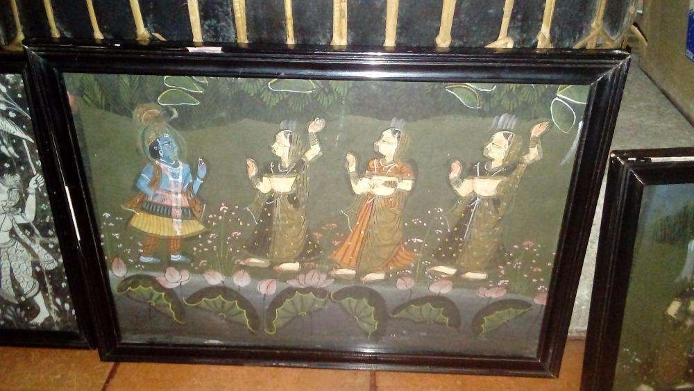 3 quadros 40cm pintado papel de arroz antigo oriental indiano 40cm