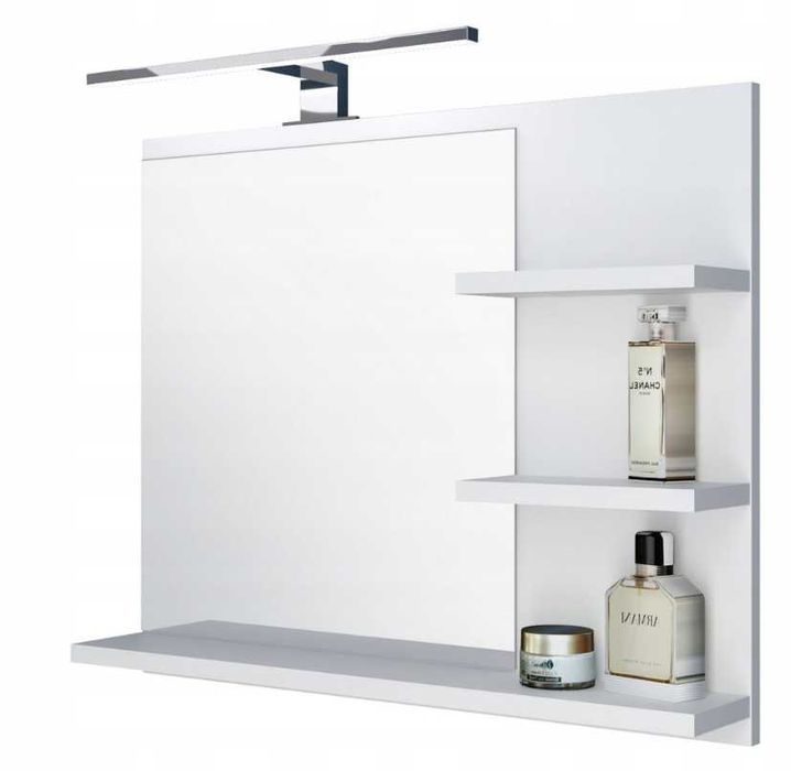 Lustro LED z półkami i kinkietem 60x50 cm białe mat łazienkowe