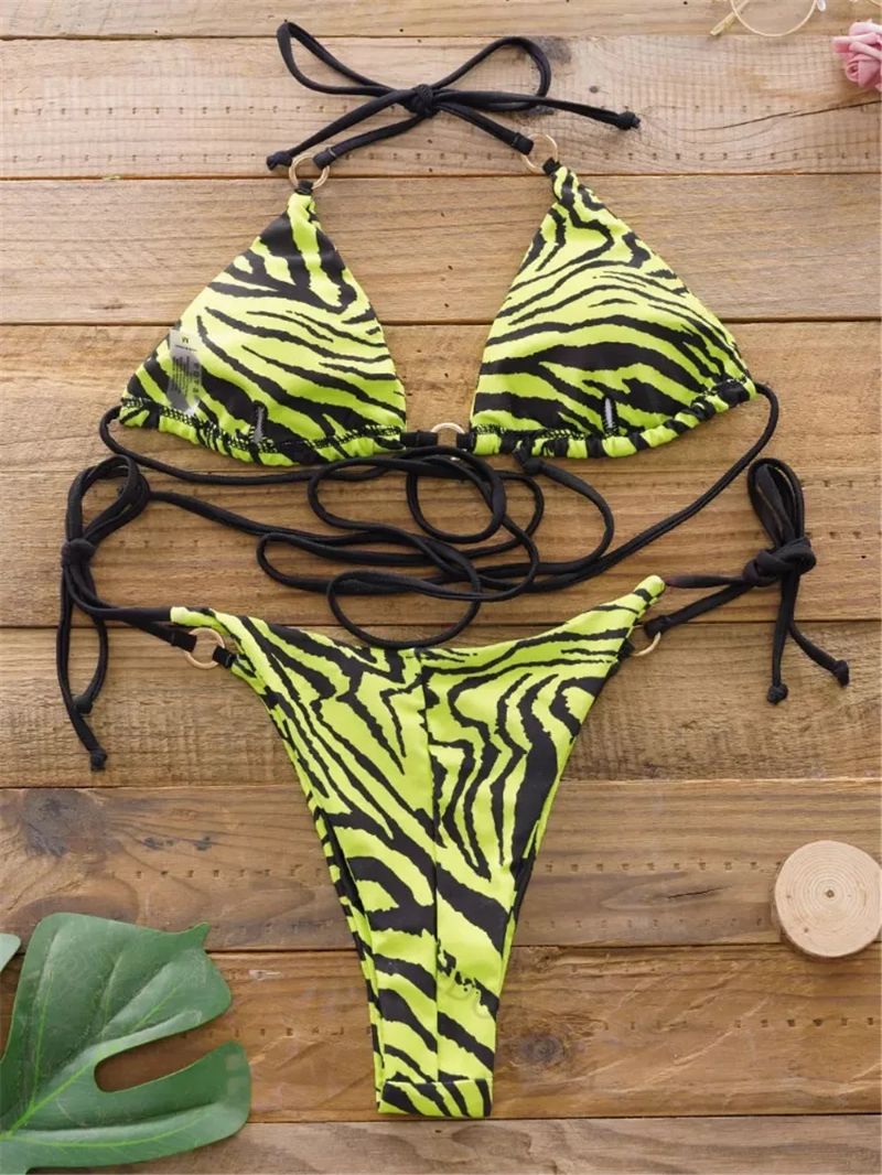 Sexy Dwuczęściowy Strój Kąpielowy BIKINI w Zebrę z Wiązaniami - M
