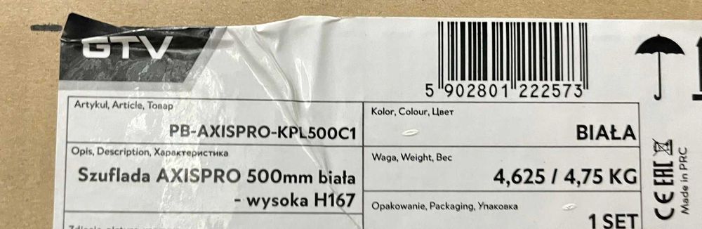 Szuflada GTV AXIS PRO wysoka L500 H167 biała cichy domyk pełen wysuw