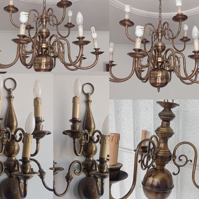 Conjunto de cinco lustres em latão, como novos
