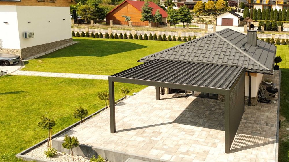 Pergola Aluminium 4x4m -elektrycznie otwierany dach + Oświetlenie