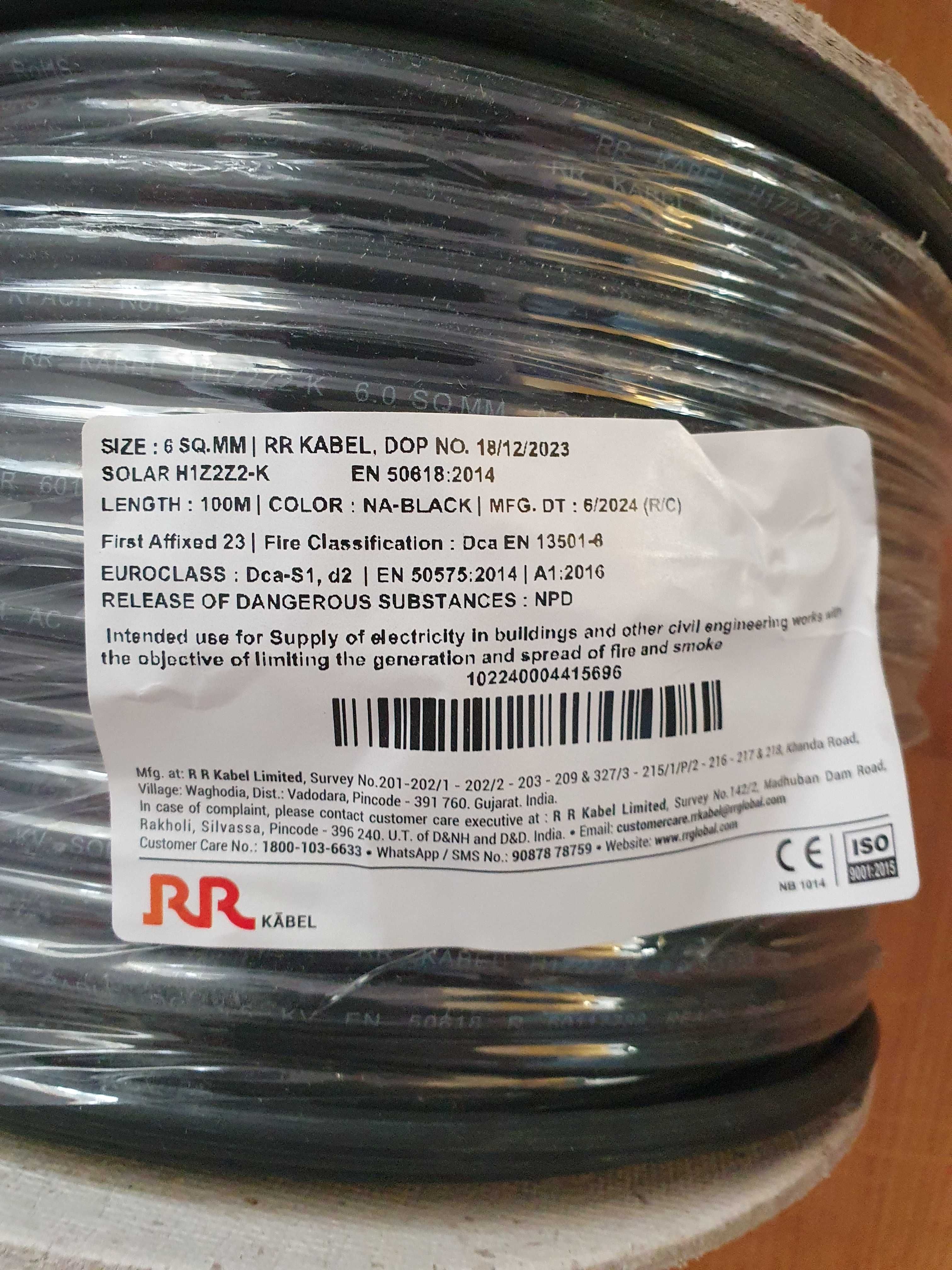 Przewód do solarów 1x6mm H1Z2Z2-K czarny 100 metrów